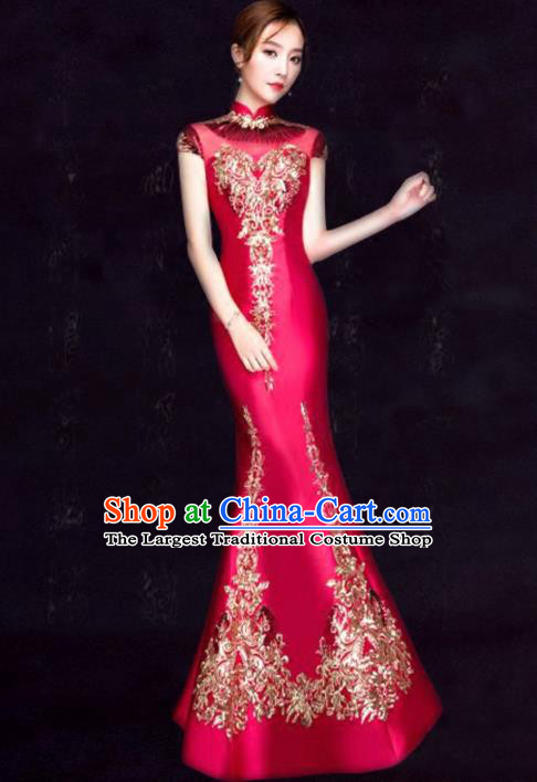 Chinese Traditional Fishtail Cheongsam Costume Classical Embroidered Rosy Full Dress for Women