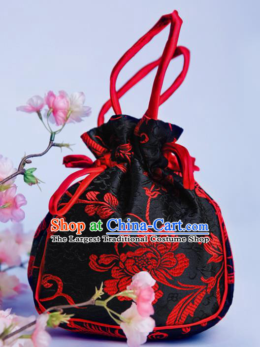 Chinese Traditional Hanfu Accessories Classical Black Brocade Handbag for Women