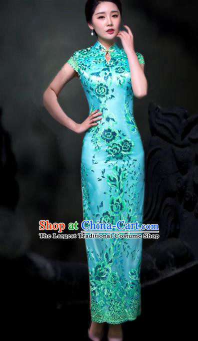Chinese Traditional Embroidered Blue Cheongsam Costume Classical Full Dress for Women