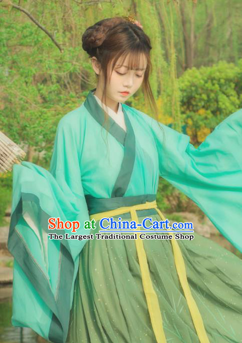 Chinese Ancient Young Lady Green Hanfu Dress Jin Dynasty Swordswoman Traditional Historical Costume for Women