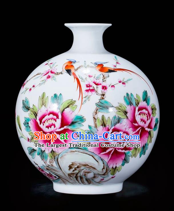 Chinese Traditional Painting Birds Peony Enamel Pomegranate Vase Jingdezhen Ceramic Handicraft