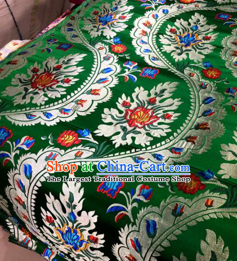 Chinese Traditional Buddhism Flowers Pattern Design Green Brocade Silk Fabric Tibetan Robe Satin Fabric Asian Material