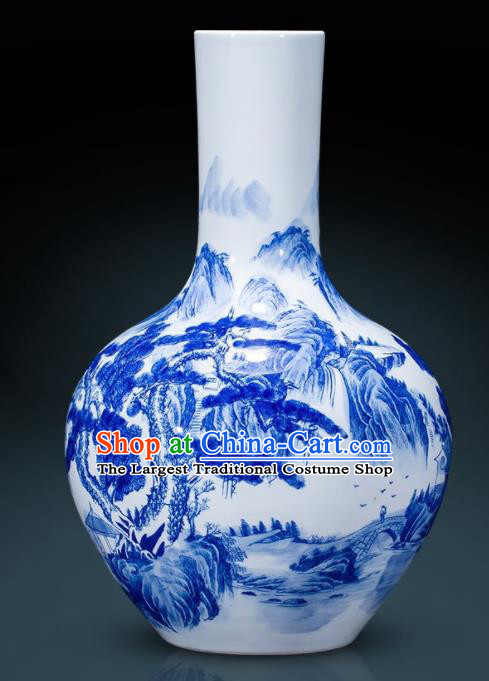 Chinese Jingdezhen Ceramic Landscape Painting Ball Vase Handicraft Traditional Blue and White Porcelain Vase