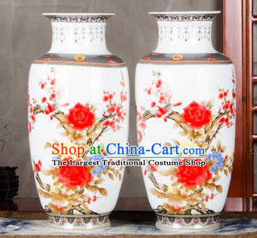 Chinese Traditional Printing Red Peony Enamel Vase Jingdezhen Ceramic Handicraft