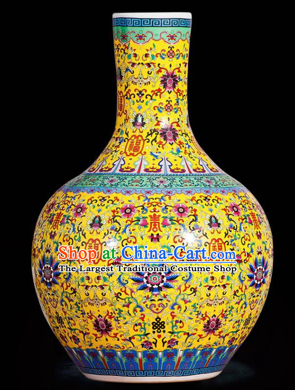Chinese Jingdezhen Ceramic Craft Colour Enamel Yellow Vase Handicraft Traditional Porcelain Vase