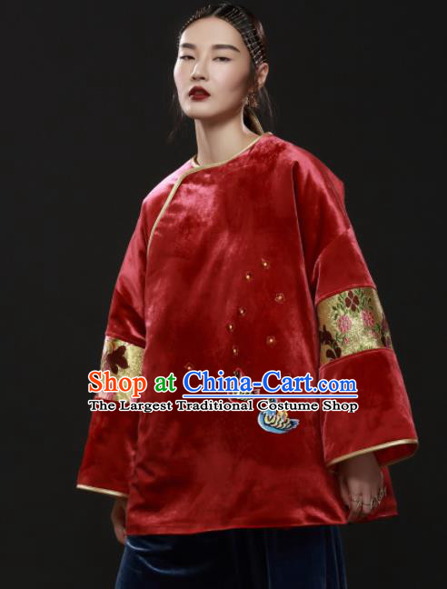 Chinese Traditional National Costume Embroidered Red Velvet Jacket Tang Suit Upper Outer Garment for Women