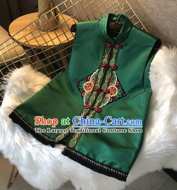 Chinese Traditional National Costume Embroidered Green Vest Tang Suit Waistcoat Upper Outer Garment for Women