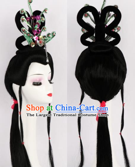 Chinese Ancient Peri Wigs and Green Phoenix Tassel Hairpins Traditional Peking Opera Artiste Hair Accessories for Women
