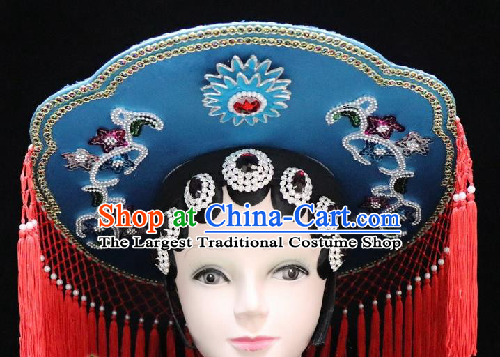 Chinese Ancient Swordswoman Blue Hat Traditional Peking Opera Artiste Headwear for Women