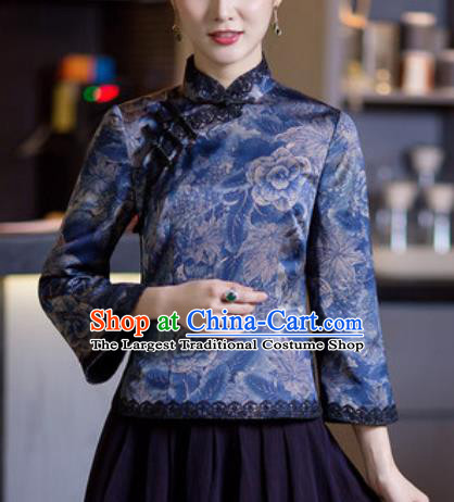 Chinese Traditional Tang Suit Upper Outer Garment Qipao Dress Blue Blouse National Costume for Women