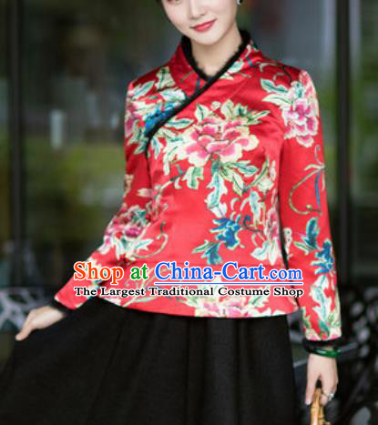 Chinese Traditional Tang Suit Upper Outer Garment Printing Peony Red Silk Jacket National Costume for Women