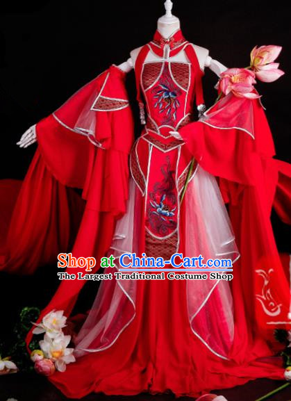 Chinese Traditional Cosplay Peri Goddess Costume Ancient Swordswoman Red Hanfu Dress for Women