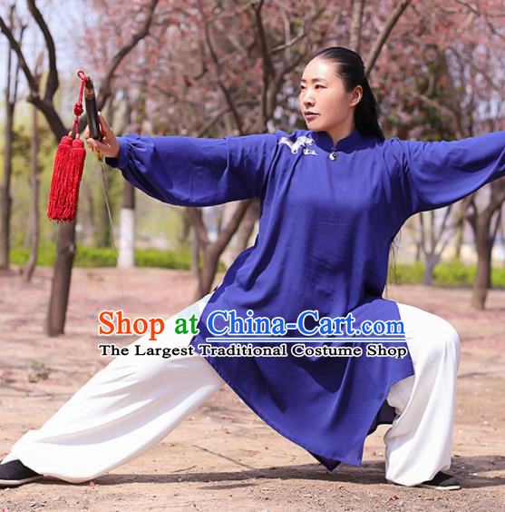 Chinese Traditional Martial Arts Costume Kung Fu Tai Chi Deep Blue Clothing for Women