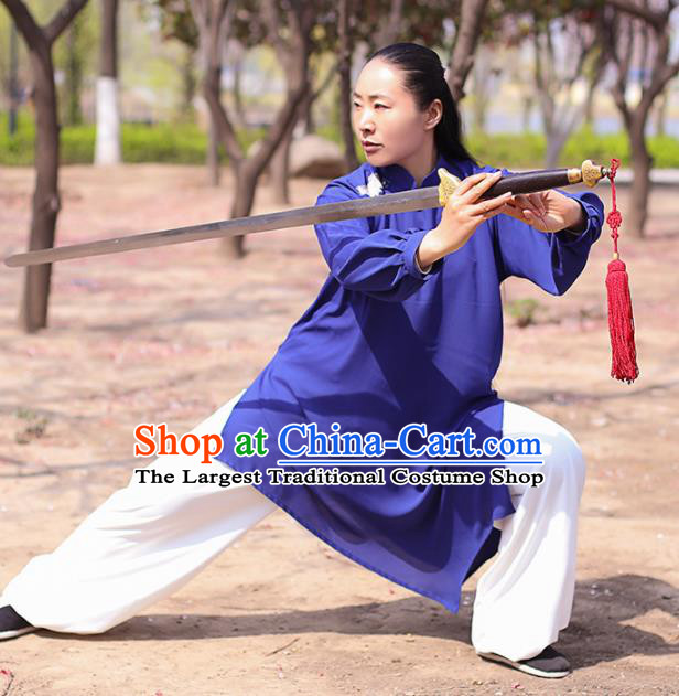 Chinese Traditional Martial Arts Costume Kung Fu Tai Chi Deep Blue Clothing for Women