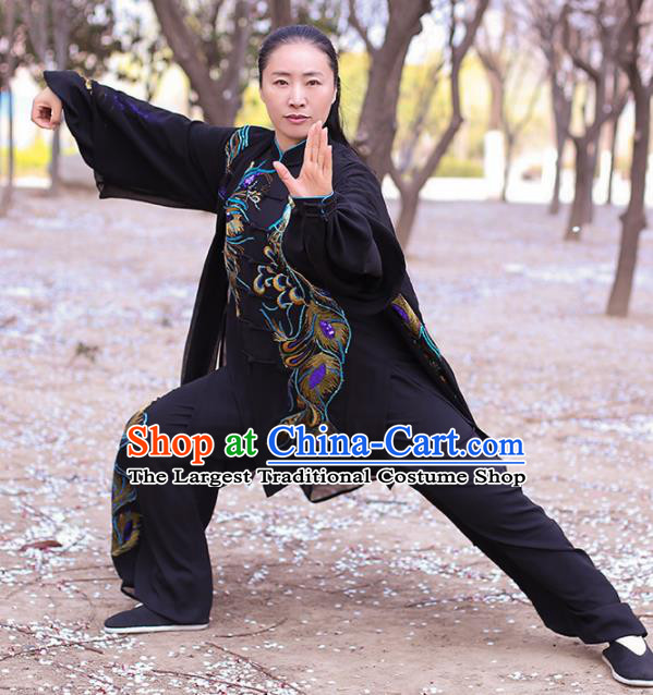 Chinese Traditional Martial Arts Costume Kung Fu Tai Chi Embroidered Phoenix Black Clothing for Women