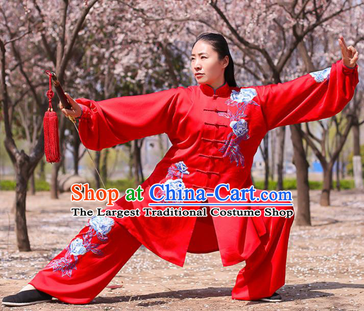 Chinese Traditional Martial Arts Costume Kung Fu Tai Chi Printing Peony Red Clothing for Women