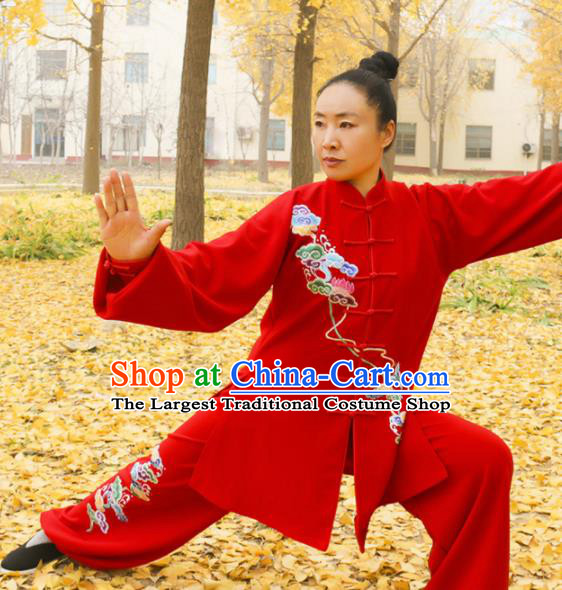 Chinese Traditional Kung Fu Competition Costume Martial Arts Tai Chi Embroidered Cloud Red Clothing for Women
