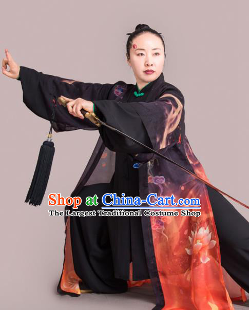 Chinese Traditional Kung Fu Competition Embroidered Clouds Black Costume Martial Arts Tai Chi Clothing for Women
