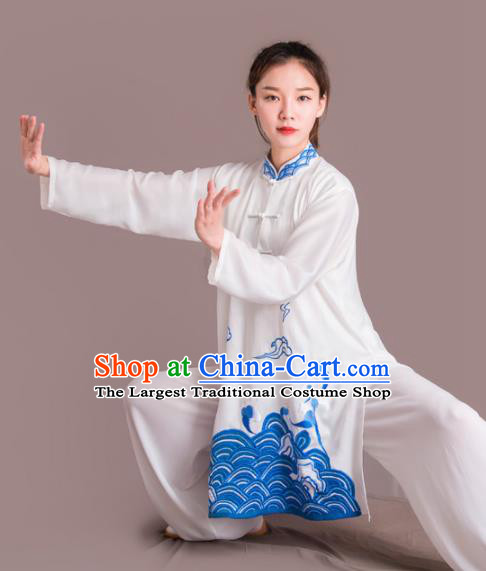 Chinese Traditional Kung Fu Costume Martial Arts Competition Tai Chi Embroidered Blue Clothing for Women