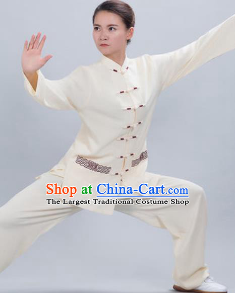 Chinese Traditional Kung Fu Competition Costume Tang Suit Tai Chi Beige Clothing for Women