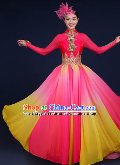 Chinese Traditional Classical Dance Costume Umbrella Dance Stage Performance Rosy Dress for Women