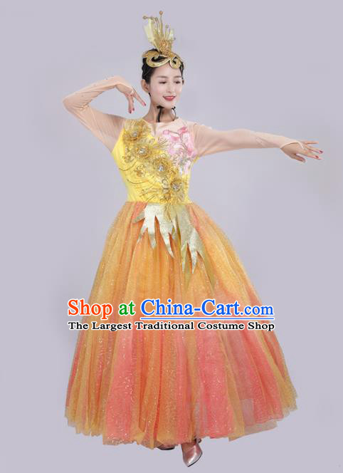 Chinese Traditional Opening Dance Orange Bubble Dress Spring Festival Gala Stage Performance Chorus Costume for Women
