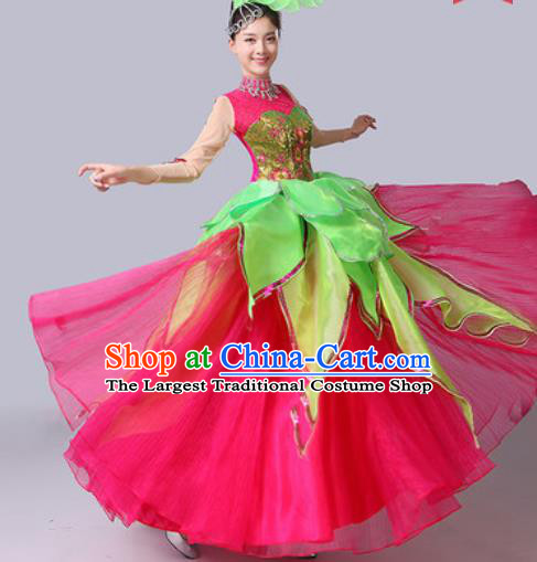 Chinese Traditional Spring Festival Gala Dance Costume Lotus Dance Stage Performance Rosy Dress for Women