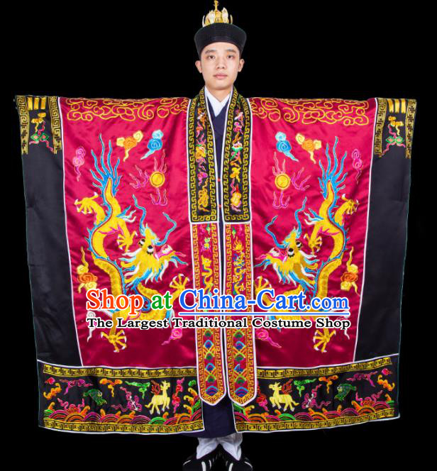 Chinese Traditional Taoism Costume National Taoist Priest Embroidered Dragon Wine Red Cassock for Men