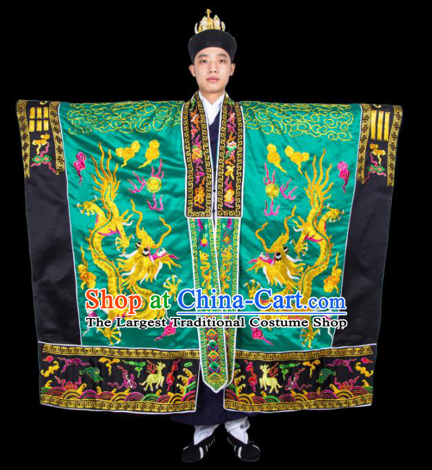 Chinese Traditional Taoism Costume National Taoist Priest Embroidered Dragons Green Cassock for Men