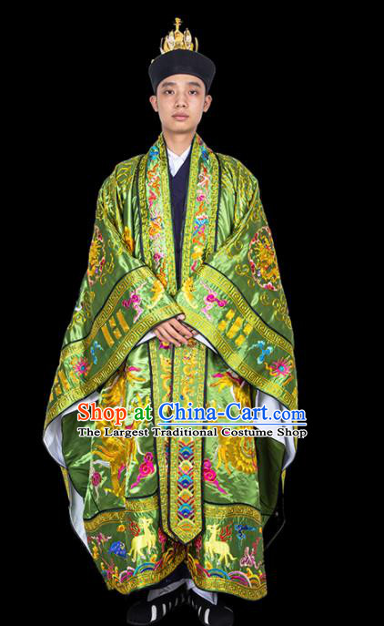 Chinese Traditional Taoism Costume National Taoist Priest Embroidered Dragons Light Green Cassock for Men