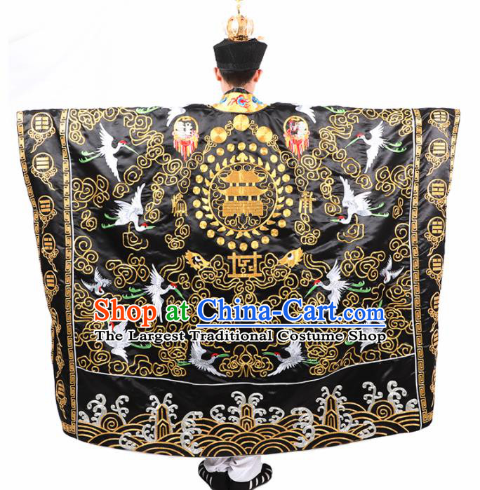 Chinese Traditional Taoism Costume National Taoist Priest Embroidered Cranes Black Cassock for Men