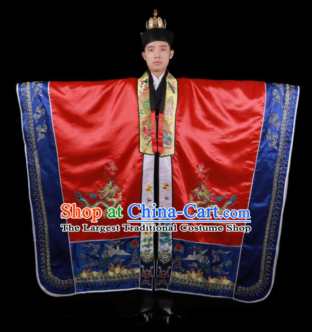 Chinese National Taoist Priest Embroidered Dragons Red Cassock Traditional Taoism Costume for Men