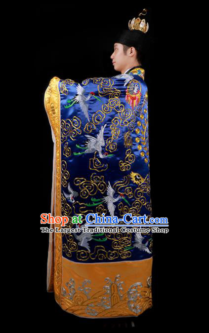 Chinese National Taoist Priest Embroidered Crane Royalblue Cassock Traditional Taoism Rites Costume for Men