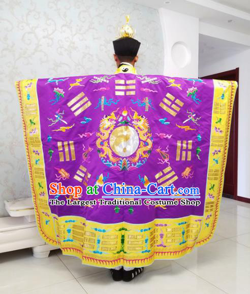 Chinese National Taoism Embroidered Purple Cassock Traditional Taoist Priest Rites Costume for Men