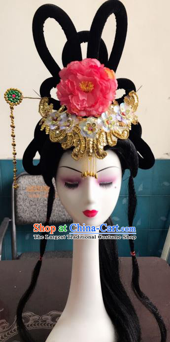 Chinese Traditional Beijing Opera Pink Peony Hairpins and Wigs Sheath Peking Opera Princess Hair Accessories for Women