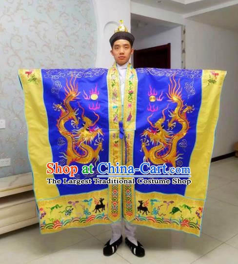 Chinese National Taoism Embroidered Dragons Royalblue Priest Frock Cassock Traditional Taoist Priest Rites Costume for Men