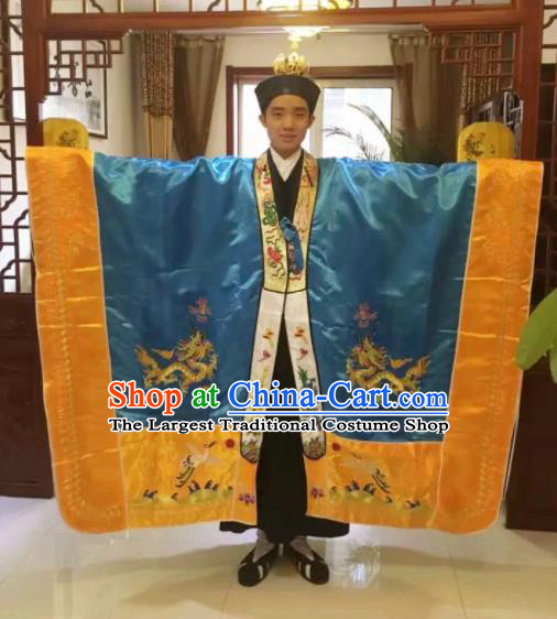 Chinese National Taoism Embroidered Blue Priest Frock Cassock Traditional Taoist Priest Rites Costume for Men