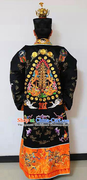 Chinese National Taoism Priest Frock Embroidered Tower Black Cassock Traditional Taoist Priest Rites Costume for Men