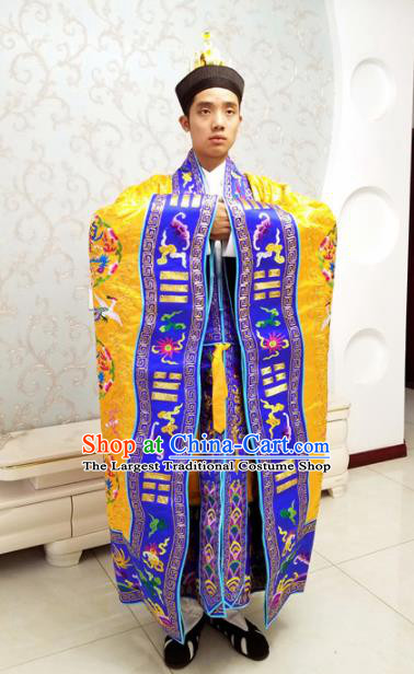Chinese National Taoism Priest Frock Embroidered Cranes Golden Cassock Traditional Taoist Priest Rites Costume for Men