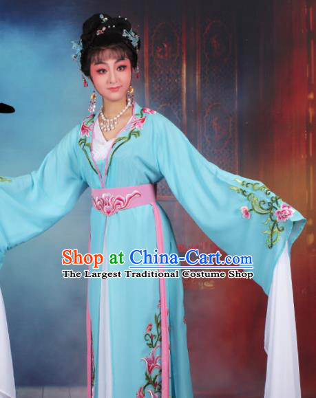 Chinese Traditional Huangmei Opera Princess Embroidered Blue Dress Beijing Opera Hua Dan Costume for Women