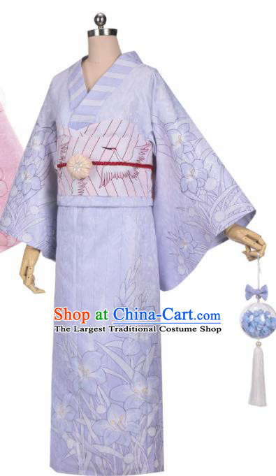 Traditional Halloween Cosplay Swordswoman Costume Japanese Kimono Light Purple Yukata Dress for Women