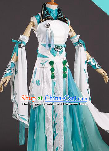 Traditional Halloween Cosplay Swordswoman Costume Ancient Female Knight Green Dress for Women
