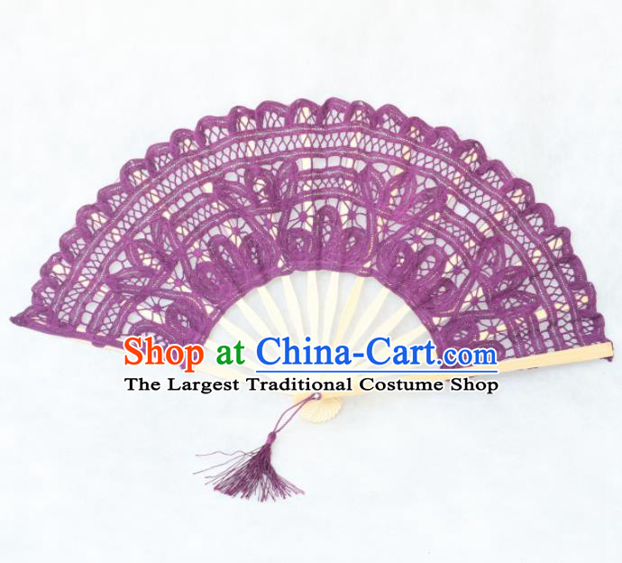 Chinese Traditional Purple Lace Fans Handmade Folding Fan