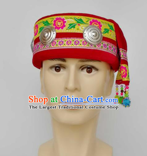 Chinese Traditional Ethnic Headwear Yao Nationality Bridegroom Embroidered Red Hat for Men