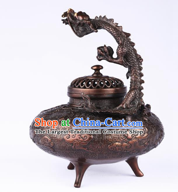 Chinese Traditional Brass Carving Dragon Incense Burner Taoism Bagua Feng Shui Items Censer Decoration