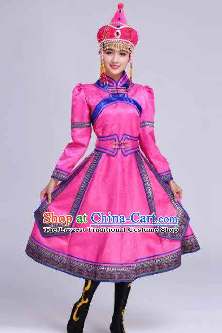 Chinese Traditional Mongolian Ethnic Folk Dance Pink Dress Mongol Nationality Costumes for Women