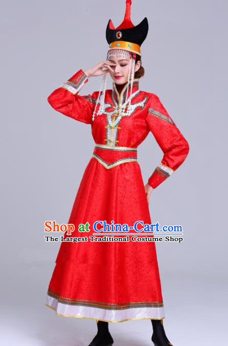 Chinese Traditional Mongolian Ethnic Red Dress Mongol Nationality Folk Dance Costumes for Women