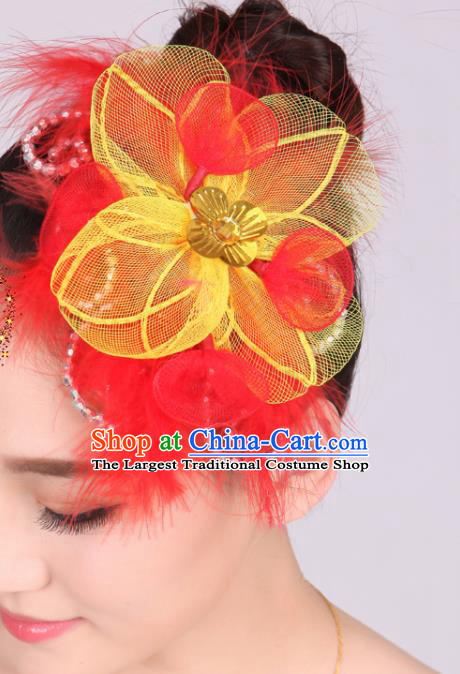 Chinese Traditional Yangko Dance Red Feather Flower Hair Stick National Folk Dance Hair Accessories for Women