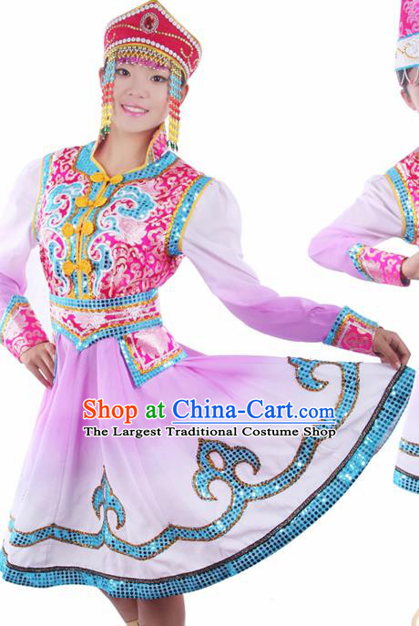 Chinese Traditional Mongolian Folk Dance Purple Dress Mongol Nationality Ethnic Costume for Women