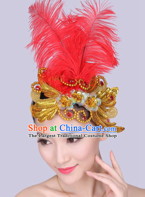 Chinese Traditional Yangko Dance Red Feather Golden Hair Stick National Folk Dance Hair Accessories for Women